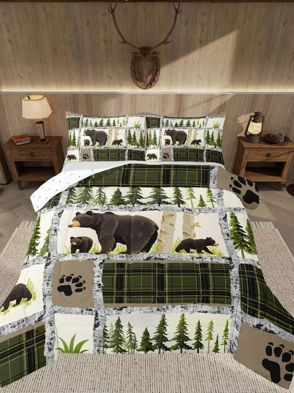 Kids Adult Rustic Cabin Comforter Set,Rustic Bear Bedding Set Queen Size,Forest